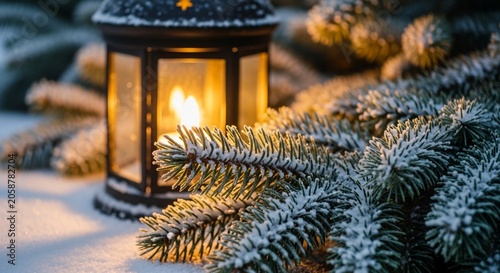 Warm glow of a festive lantern illuminates a snow-covered pine branch during a tranquil winter evening.