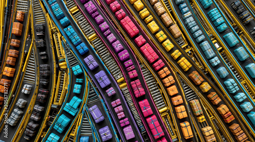 Orderly movement of abstract color coded packages on conveyor belts in industrial setting
