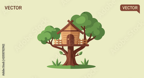 Treehouse with brown door and roof.