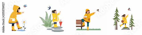 Collection of illustrations featuring a young girl in a yellow raincoat and boots exploring nature, watching birds, and playing outdoors during rainy weather.