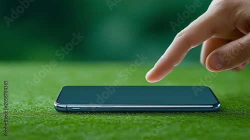 Close-up of a Finger Touching a Smartphone Screen on Green Grass