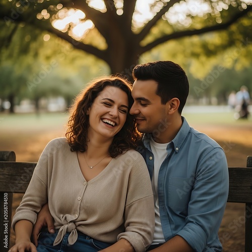 Happy young couple laughing together on a park bench at sunset.