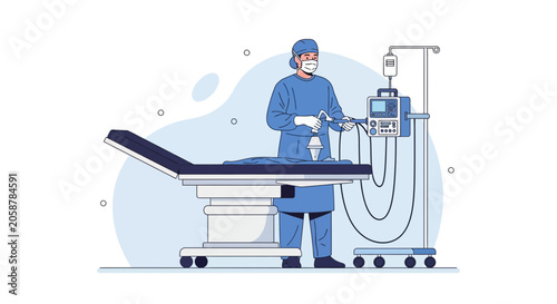 Surgeon Performing Laparoscopic Surgery with Medical Equipment in Operating Room