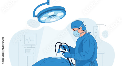 Surgeon Performing Laparoscopic Surgery with Medical Team and Equipment in Operating Room