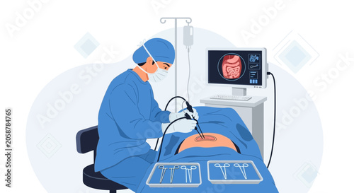 Surgeon Performing Laparoscopic Surgery with Monitor Displaying Internal Organs