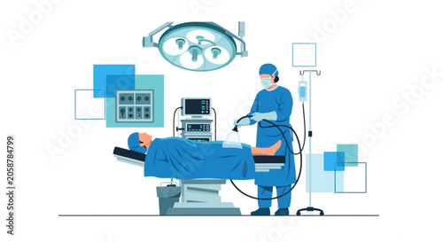 Surgeon Performing Laparoscopic Surgery with Patient and Medical Equipment in Operating Room