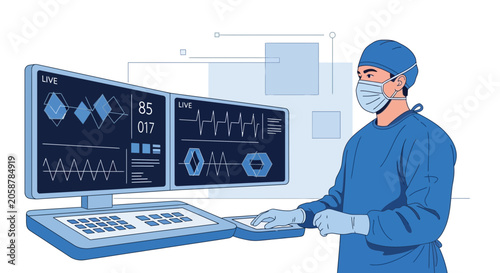 Surgeon in scrubs monitors vital signs on advanced medical display in operating room