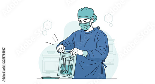 Surgeon in scrubs opens sterile surgical instrument pack, preparing for operation