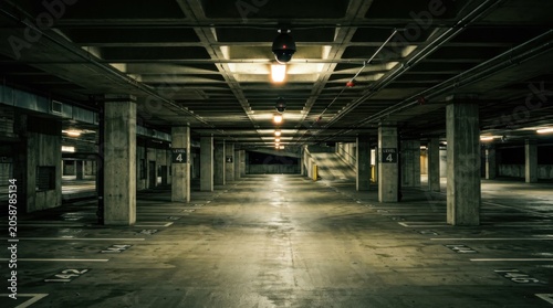 Surveillance camera mounted on ceiling in empty concrete parking garage at night. Modern security monitoring system for city infrastructure protection. Industrial safety technology concept.