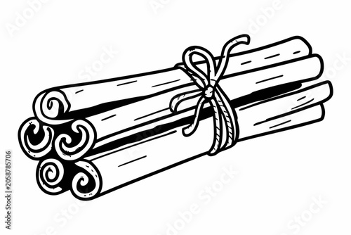 A bundle of cinnamon sticks tied with a ribbon, showcasing a rustic and natural vector graphic illustration of a popular spice