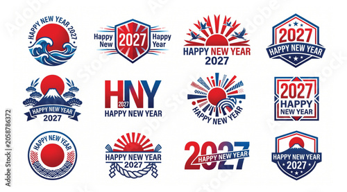 Quadro su tela Set of 2027 happy new year logos with traditional japanese motifs including moun