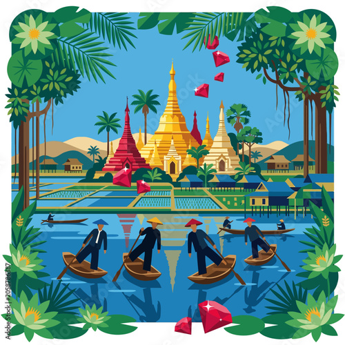 Vibrant Southeast Asian Landscape with Pagodas, Boats, and Lush Foliage