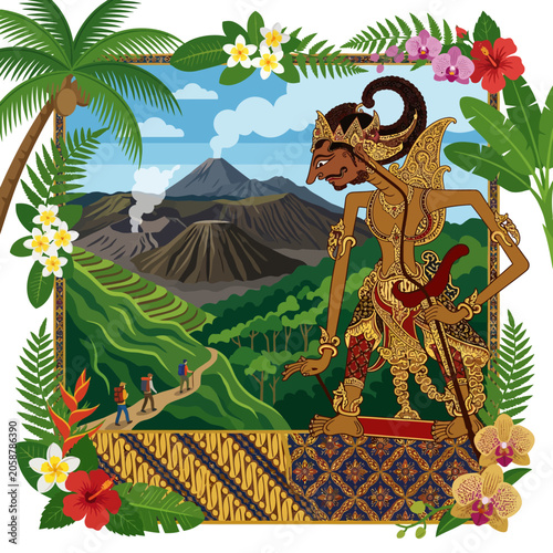 Wayang Golek puppet with Indonesian landscape, volcanoes, rice terraces, and tropical flowers