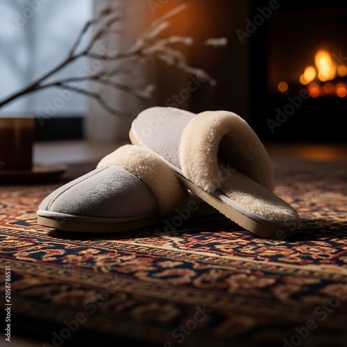 Cozy home slippers resting on a patterned rug near a fireplace.