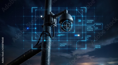 Security camera monitoring city street at night. Digital surveillance system with augmented reality object tracking interface. Cyber crime prevention and urban safety technology concept.