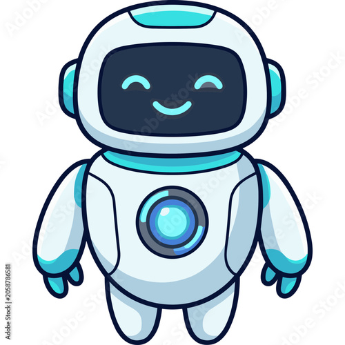 A smiling robot character with a blue and white spacesuit is standing alone indoors.