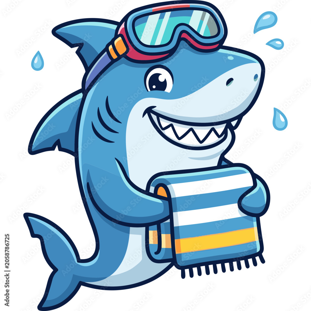 Naklejka premium A smiling cartoon shark wearing goggles and holding a towel underwater.