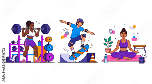 Diverse people enjoying healthy lifestyle activities: weightlifting, skateboarding, yoga