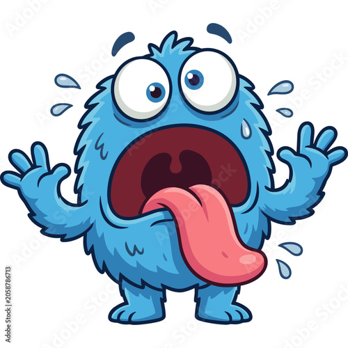 A blue cartoon monster with a long tongue looks surprised in a comical scene.