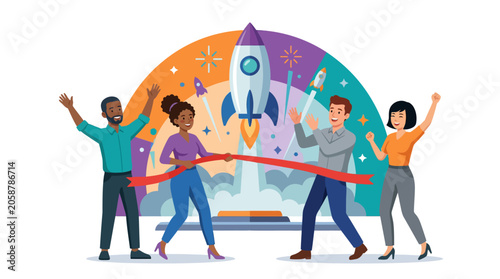 Diverse Team Celebrates Rocket Launch, Business Success & Startup Launch Concept