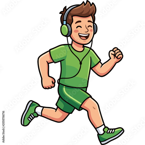 A cartoon boy runs happily wearing headphones and green sportswear on a white background.