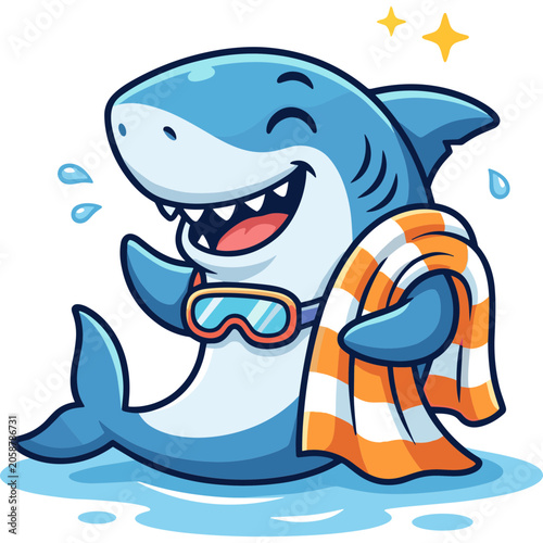 A smiling cartoon shark wearing goggles and a towel is playing in water.