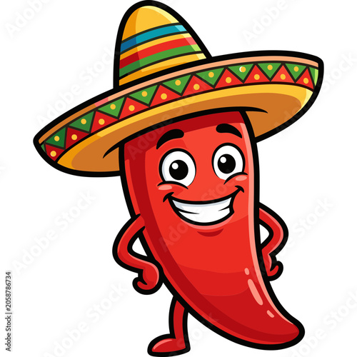 A cheerful chili pepper character wearing a colorful sombrero hat smiles brightly.