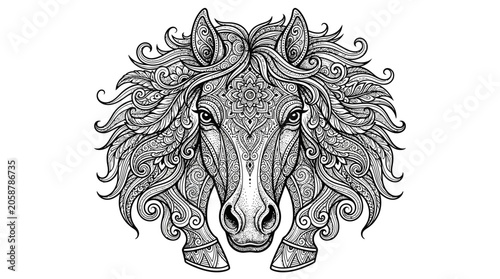 Intricate Mandala Horse Head Illustration - Zentangle Inspired Art