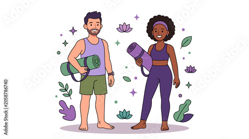 Diverse Couple with Yoga Mats Ready for Fitness Activity