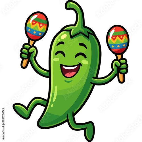A smiling green chili pepper character happily dances with colorful maracas.