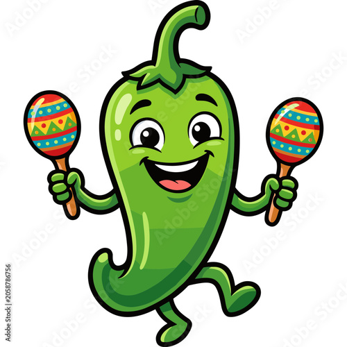 A cartoon green pepper character happily dances with colorful maracas in hand.