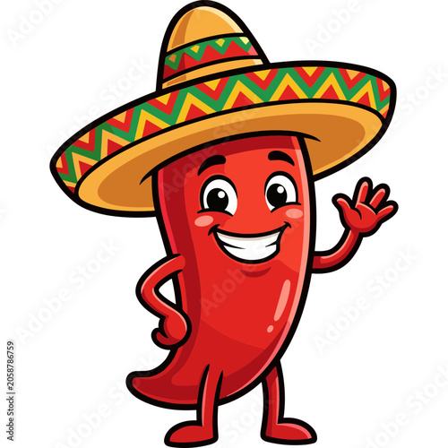 A cheerful chili pepper wearing a colorful sombrero waves enthusiastically outdoors.