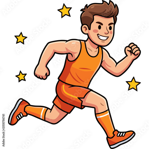 A smiling boy runs quickly in athletic wear with stars.