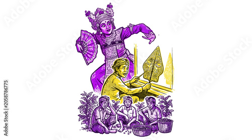 Traditional Indonesian Wayang Kulit Shadow Puppets Performance with Dancers and Audience
