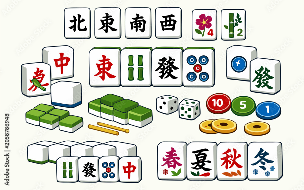 Fototapeta premium Mahjong tile set vector illustration