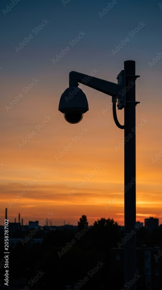 Obraz premium Surveillance camera mounted on city lamp post. Security system for public safety monitoring. Digital outdoor observation technology at sunset in urban environment. Industrial city tracking.