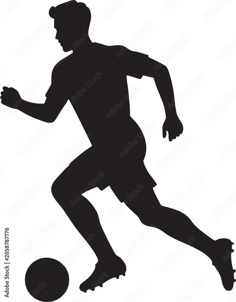 Obraz premium Soccer player running and dribbling ball silhouette on white background