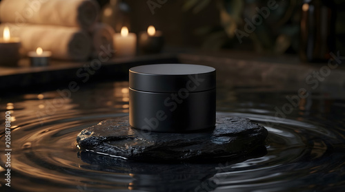 Black Cosmetic Jar Mockup on Stone in Spa Water.