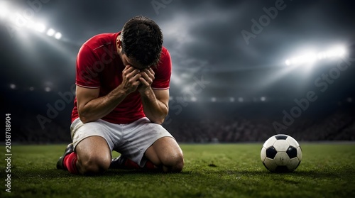 Soccer Player Kneeling in Despair on a Stadium Field with a Football Nearby
