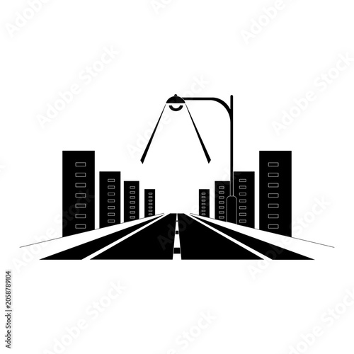 A stylized graphic presents a black and white street view, showing an asphalt road, buildings, and illuminated by a street lamp creating a perspective-driven urban scene.
