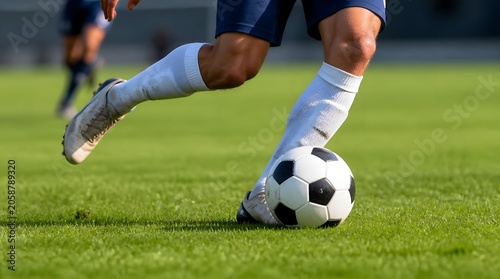 Soccer Player Legs Dribbling Ball on Bright Outdoor Green Grass Field Close Up Action Shot