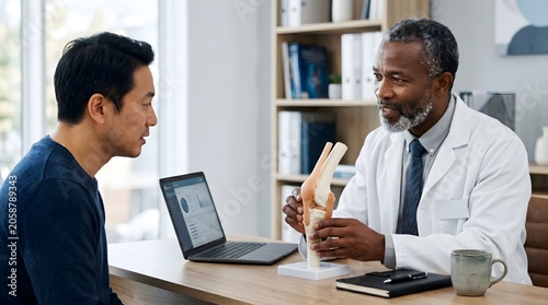 Caring male orthopedic doctor explaining knee joint anatomy model to male patient in clinic, discussing injury and recovery, with laptop and medical records on desk