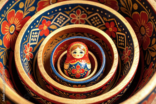 Top view Russian matryoshka wooden doll