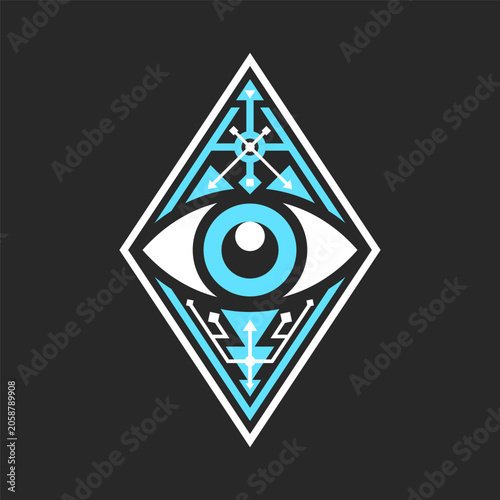 The all seeing eye logo inside a rhombus frame designed in futuristic neotribal tech style with geometric lines pattern for mystical identity and authentic emblem.