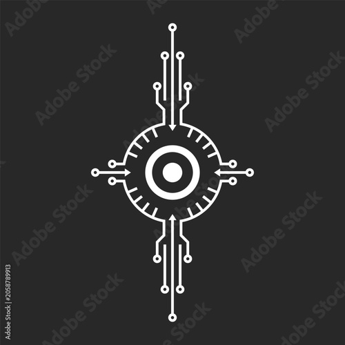 A futuristic digital eye symbol integrated with printed circuit board patterns and electronic lines for cyber security logo and data protection branding.