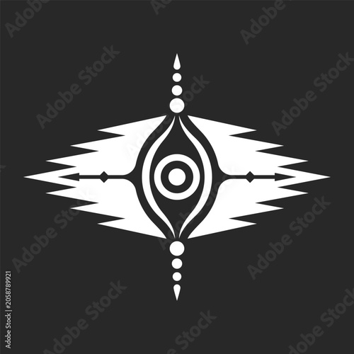Mystical sacred geometry emblem featuring a central third eye inside sharp radiating triangles and celestial linear shapes for esoteric branding and esoteric apparel.