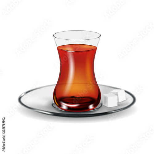 Traditional turkish tea glass 3d realistic vector filled with hot fragrant black tea on a glass saucer with two white sugar cubes for cafe menu and food design.