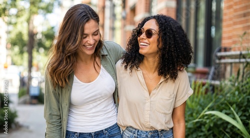 Two happy women walking and laughing