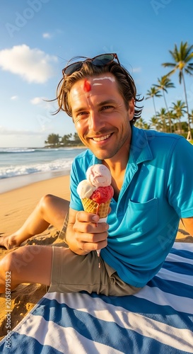 Man enjoying ice cream on a sunny beach vacation.