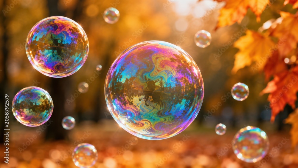Fototapeta premium Soap bubbles floating over autumn park with colorful leaves